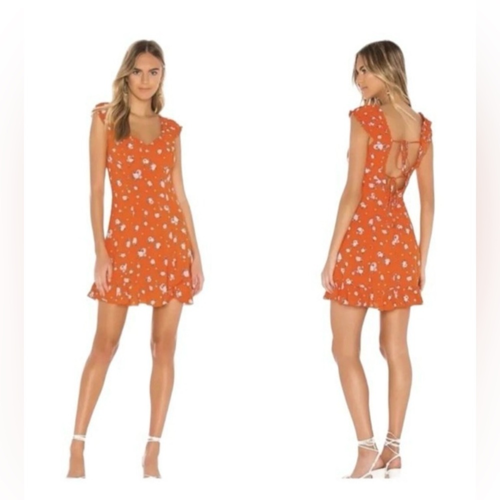 Free People Womens Linen Blend Orange “Like A Lady” Mini Ruffled Dress‎ Large